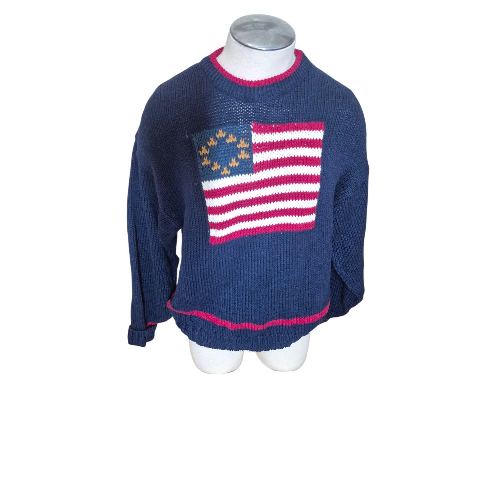Lord & Taylor Vtg Unisex Sweater Americana Usa Flag 100% Cotton Navy Blue Sz M